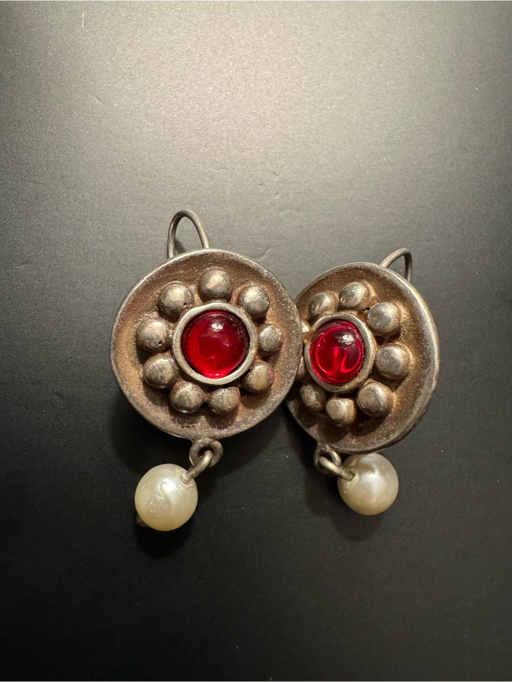 Vintage Sterling Silver Red Glass & Pearl Drop Earrings